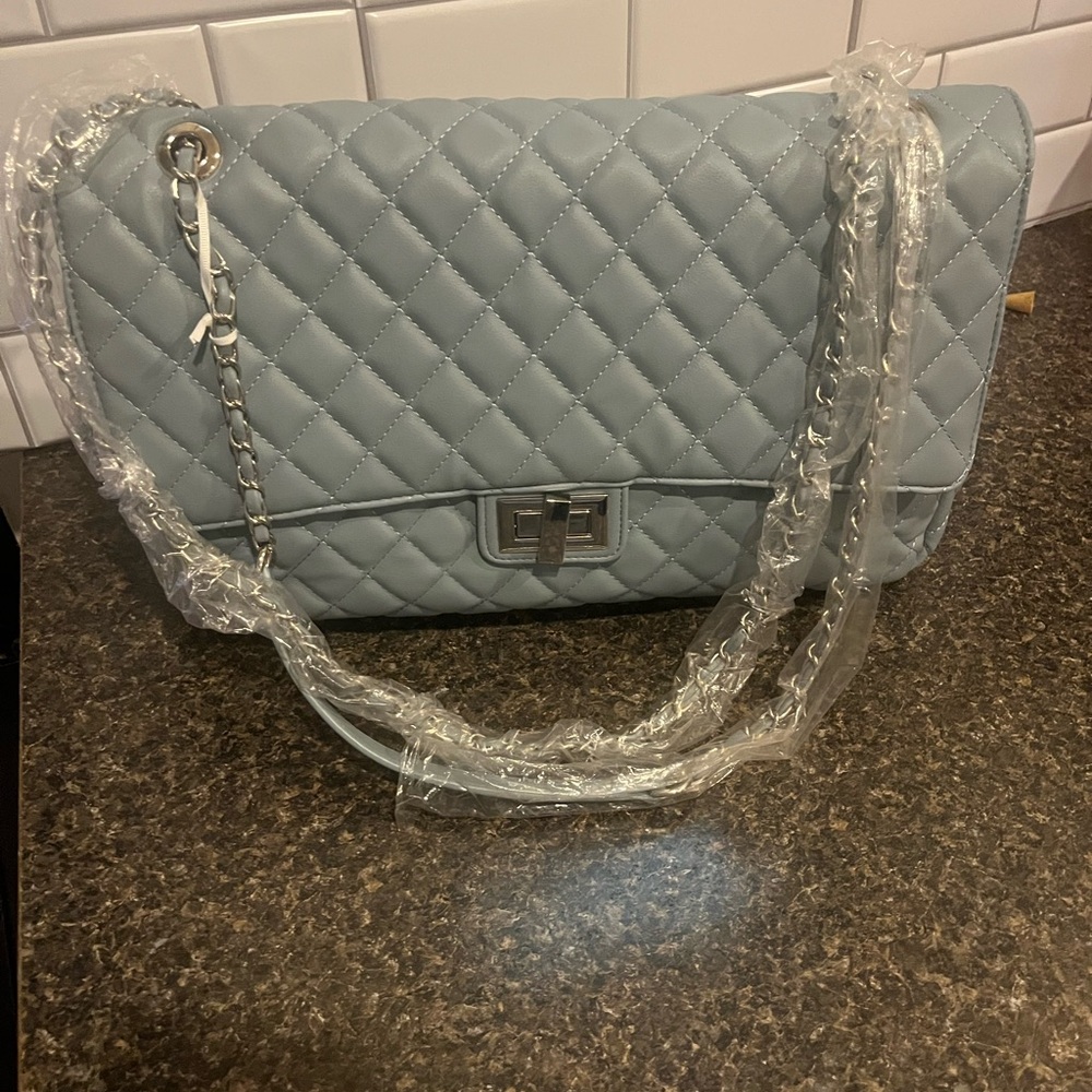 Light Blue Quilted Chain Shoulder Bag — Flap Style (NWT)